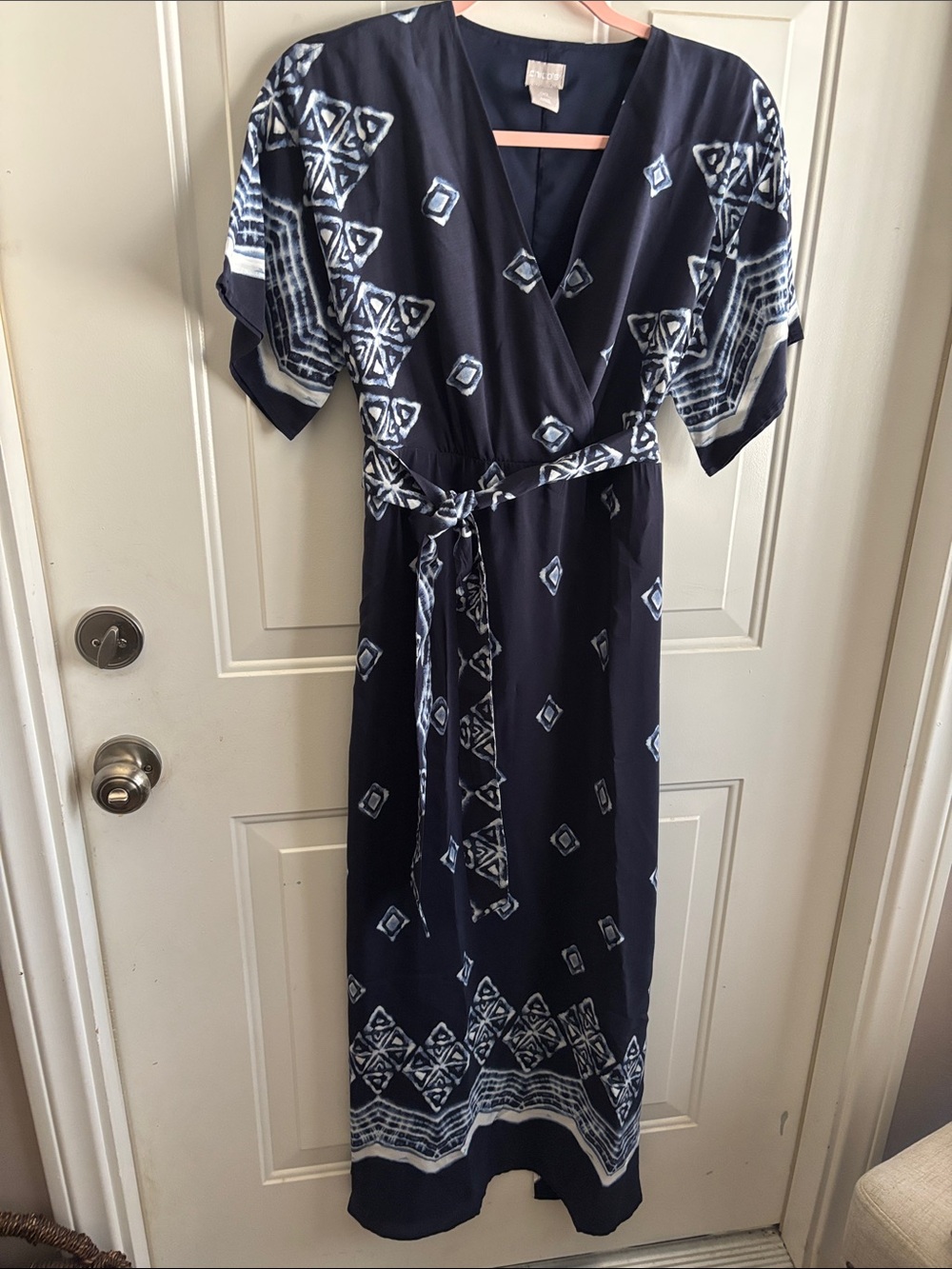 Chico's Navy Wrap Maxi Dress with White Geometric Print